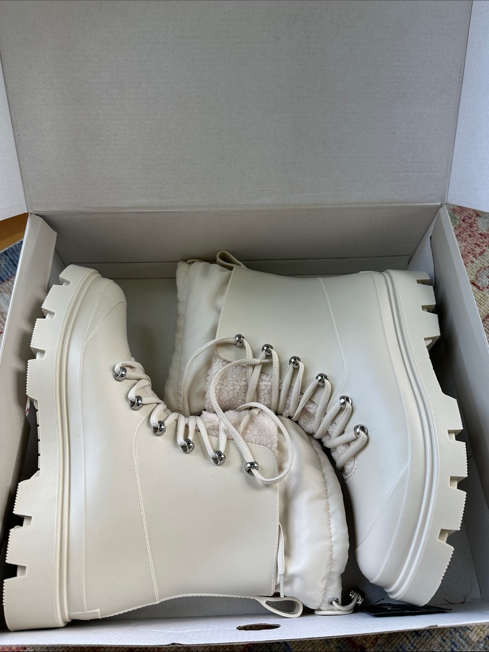 Marc Fisher Off-White Lace-Up Lug Sole Combat Boots